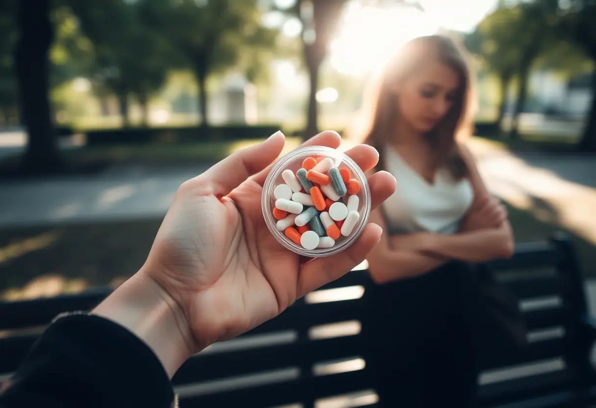 Main de femme tenant un contenant de comprimés dans un parc