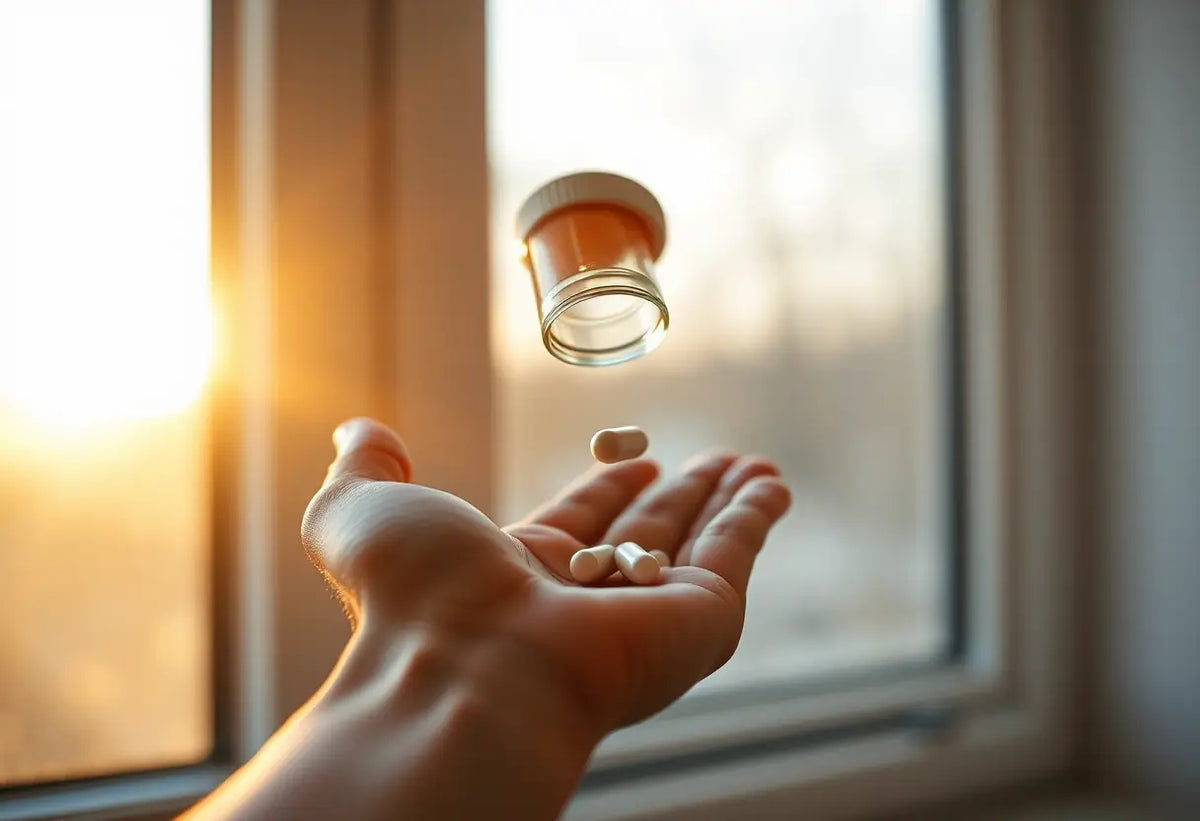 Une main verse un comprimé depuis un conteneur en verre, lumière du soir, contraception d'urgence