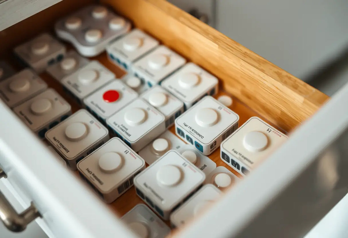 Un tiroir partiellement ouvert révèle plusieurs boîtes carrées contenant des pilules contraceptives.