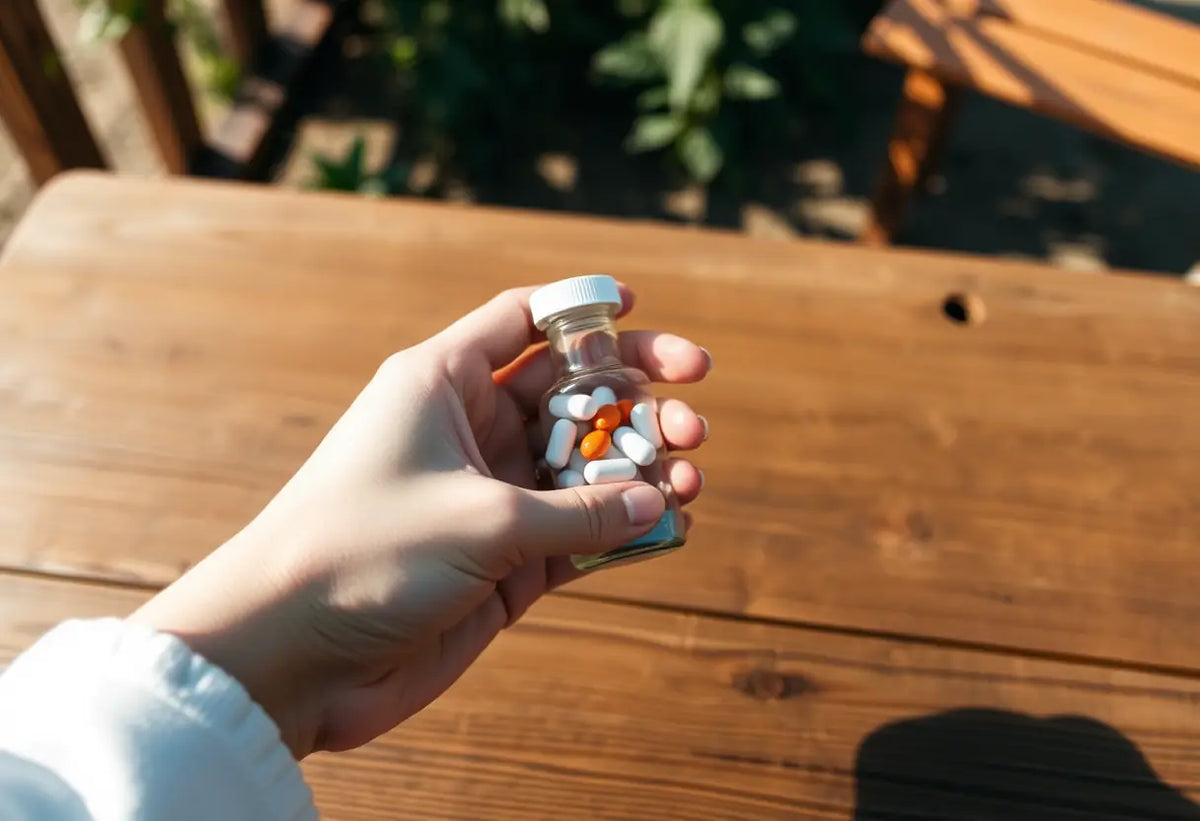 Une main féminine tient un flacon de comprimés sur une table en bois, contraception d'urgence