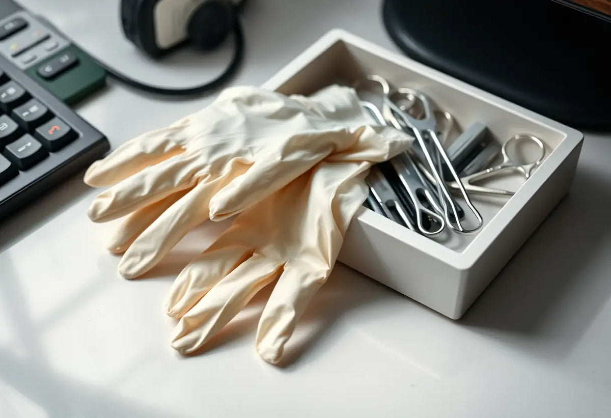 Gants en latex sur un bureau luisant