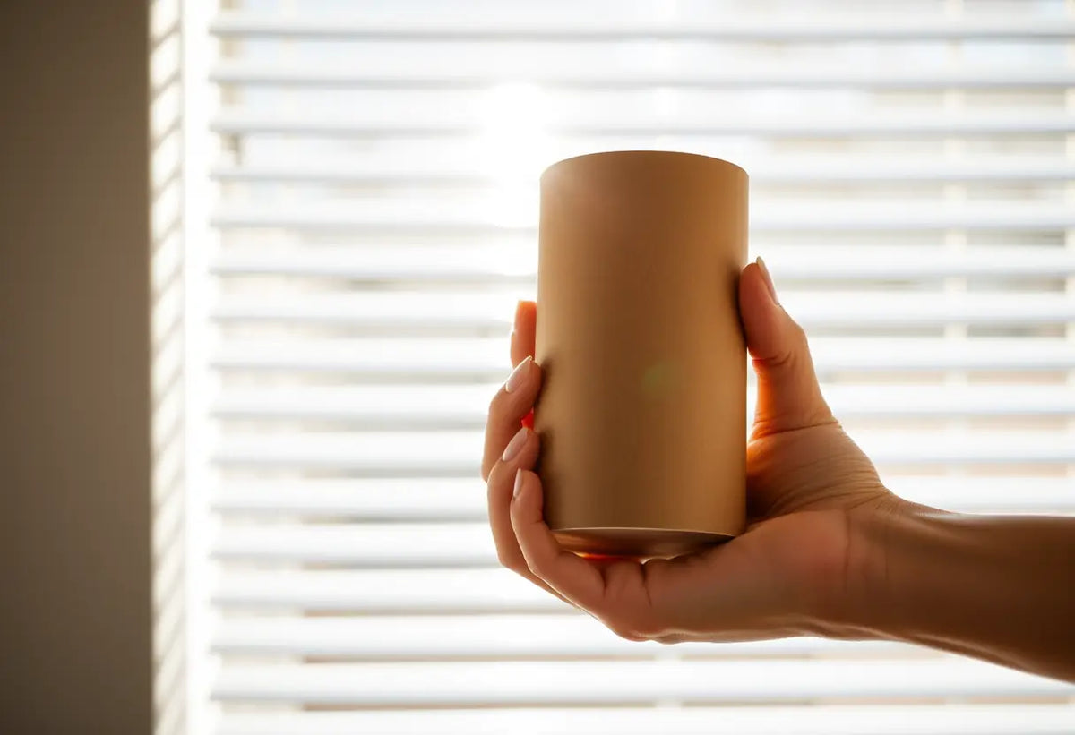 Une main féminine tenant un tube en carton, lumière naturelle