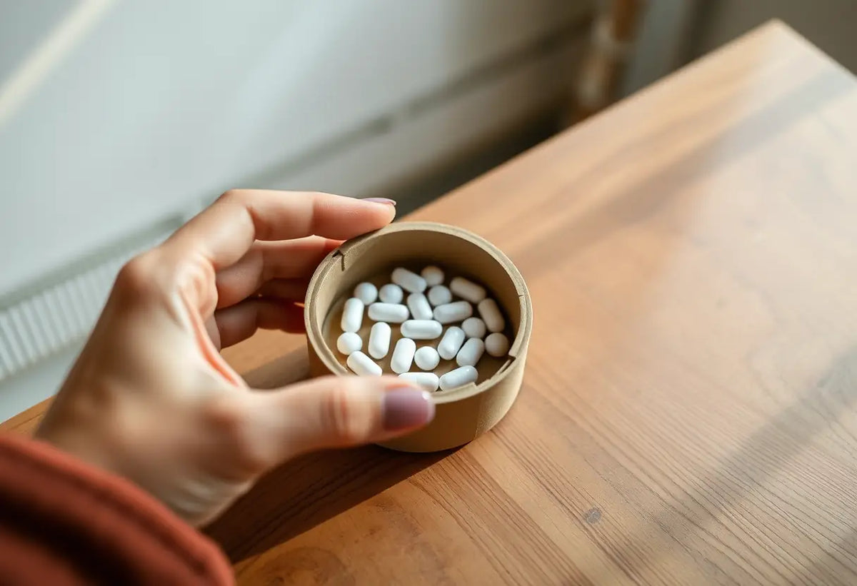 Une main féminine tient une boîte ronde de comprimés sur une table, éclairée par la lumière du matin, contraception
