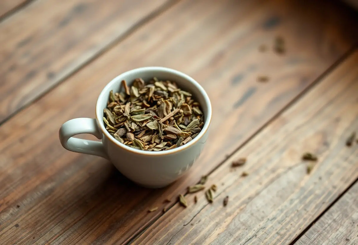 tasse en porcelaine remplie d'herbes sèches sur une table en bois