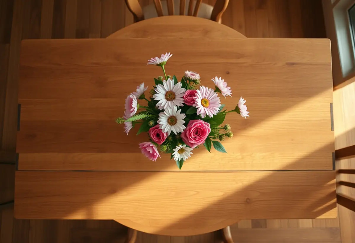 Table familiale avec un vase de fleurs fraîches au centre