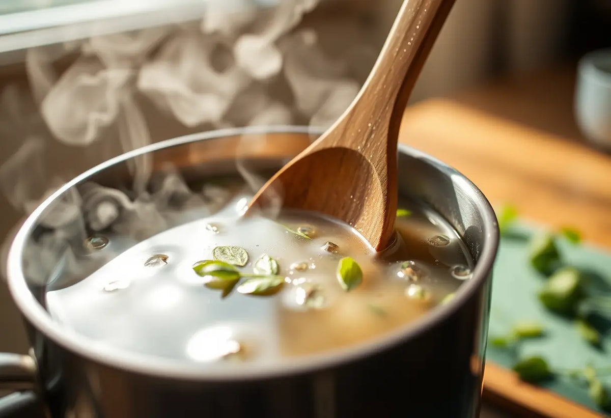 Cuillère en bois remuant une thé infusé
