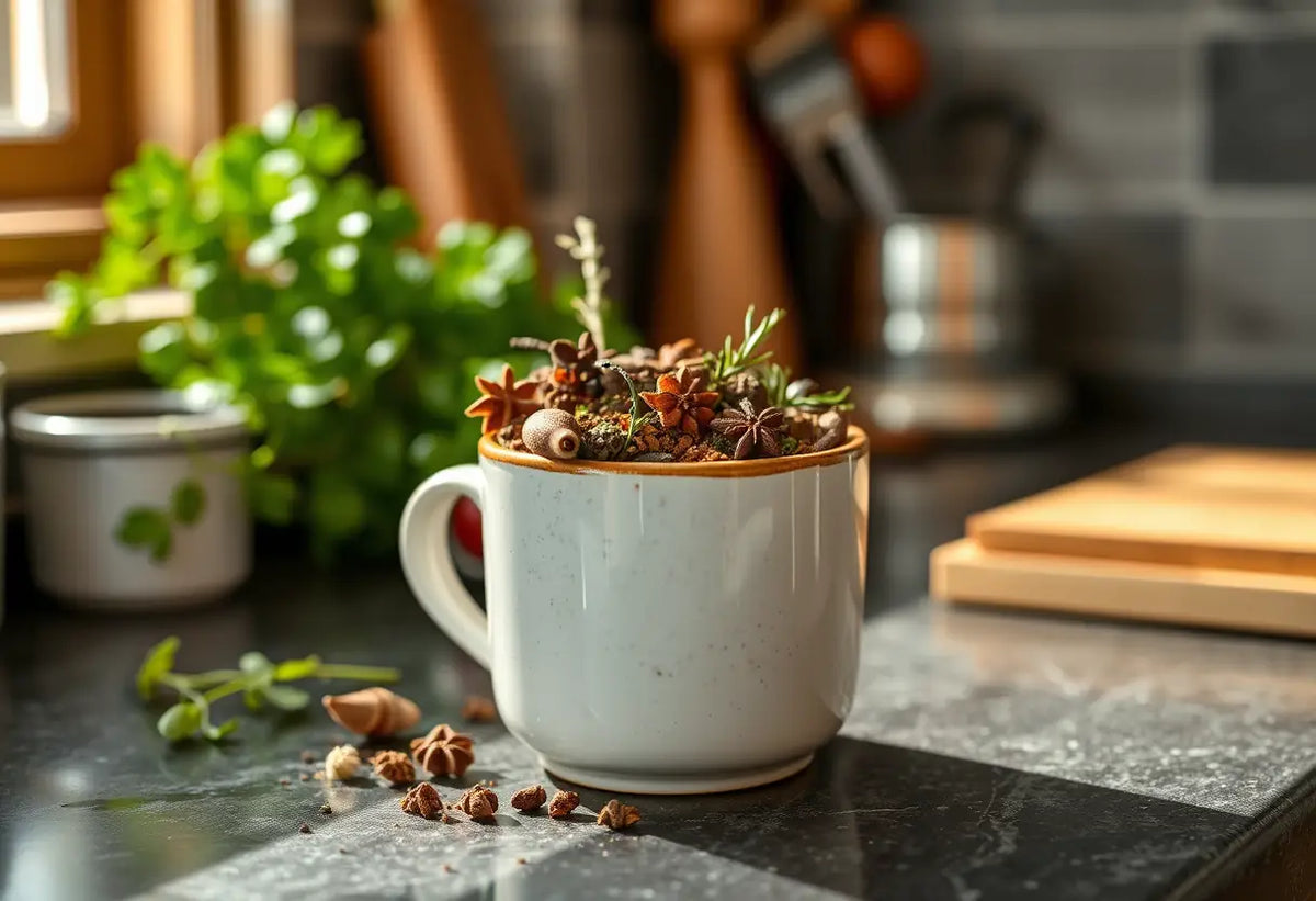 Un plan de travail avec une tasse contenant des herbes et épices pour la contraception masculine