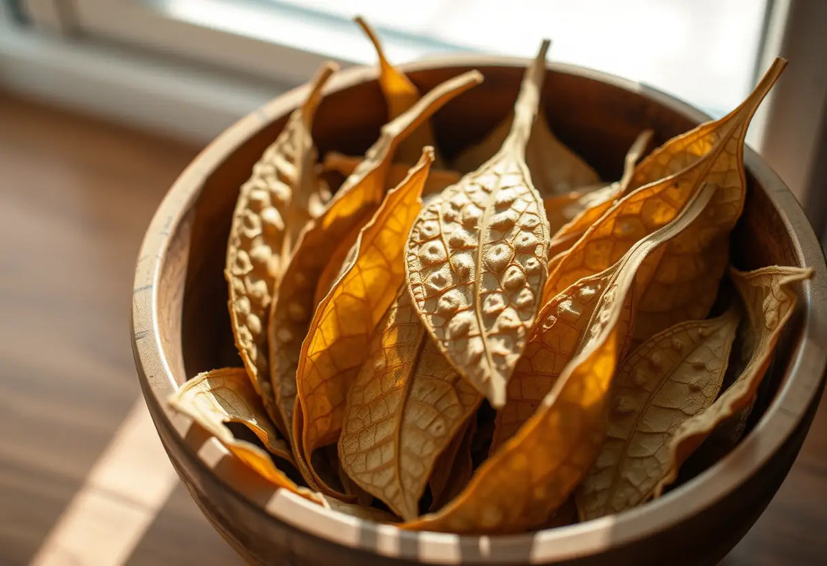 Feuilles de damiana sèches dans un bol en bois, éclairées naturellement, pour Boutique du Plaisir