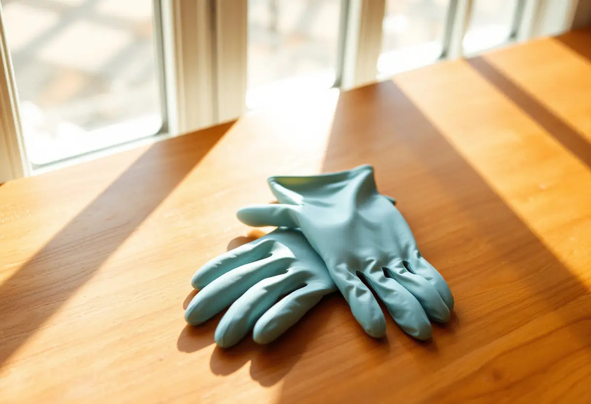 Un gant en latex sur une table en bois, lumière naturelle