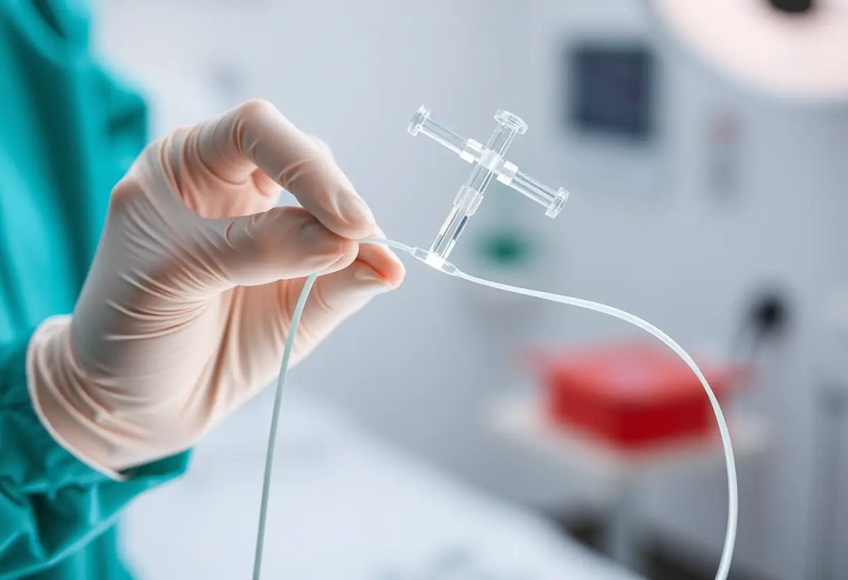 Une main gantée manipulant délicatement un fil en plastique attaché à un dispositif T