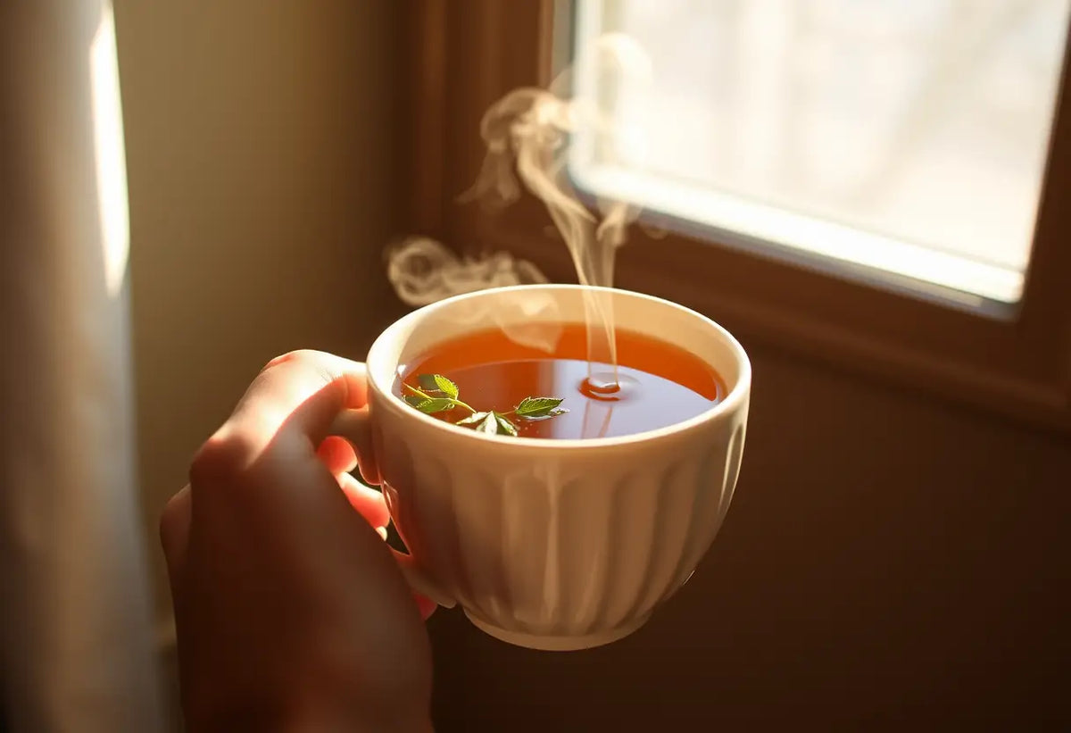 Une main tenant une tasse de thé aux herbes, lumière naturelle filtrée