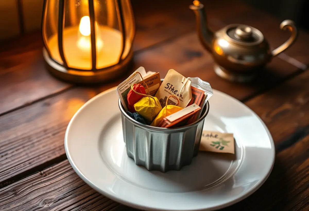 Un plan rapproché d'un petit contenant métallique rempli de sachets de thé aux herbes colorées, posé sur une assiette en faïence blanche sur une table en bois rustique.