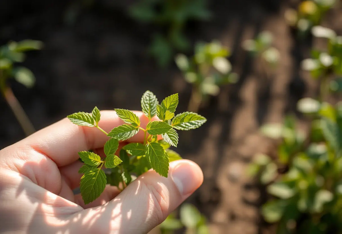Une main tenant une petite plante verte dans un jardin, lumière naturelle