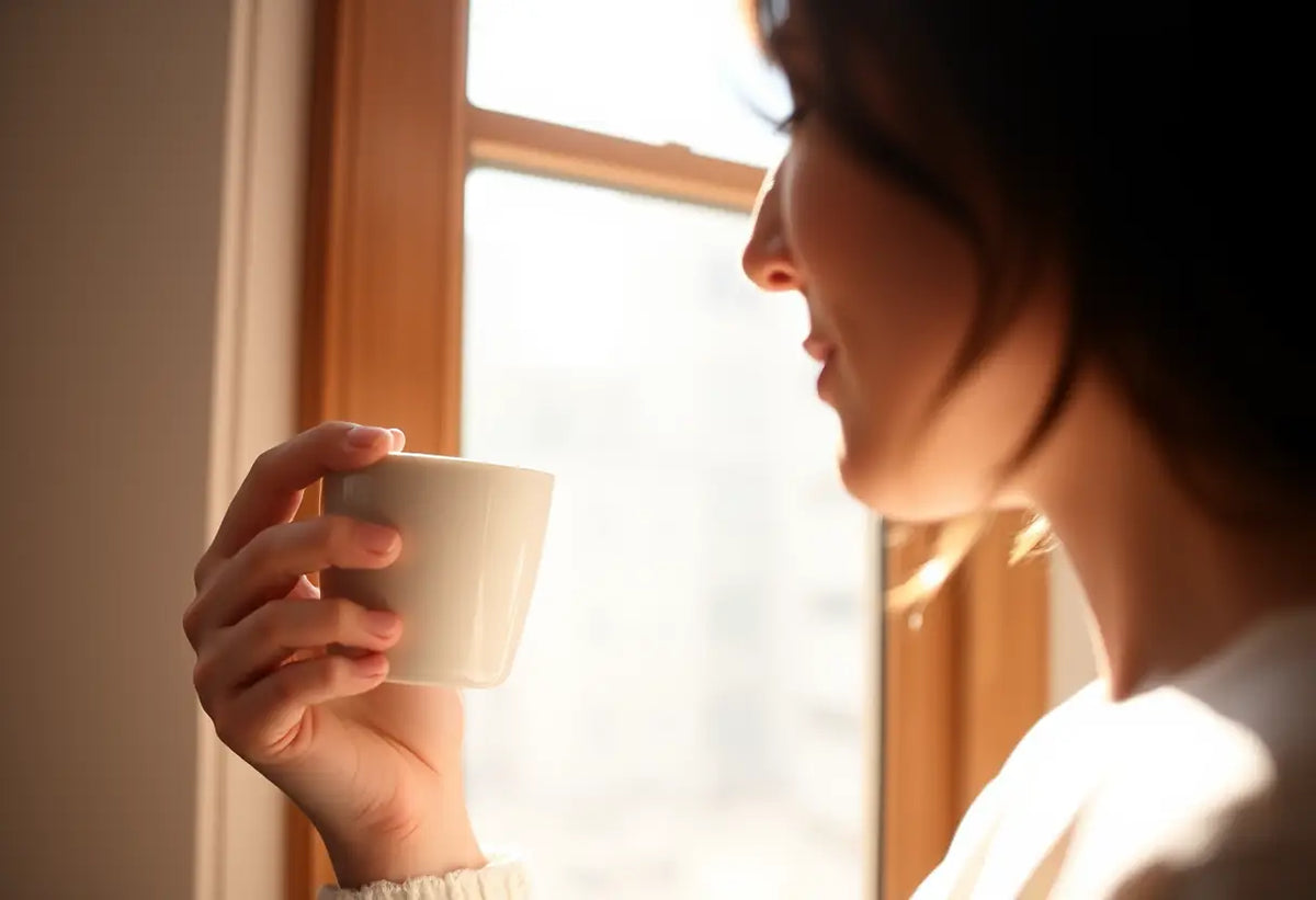 Une main tenant une tasse de thé, éclairée par la lumière du soleil, symbolisant le choix.