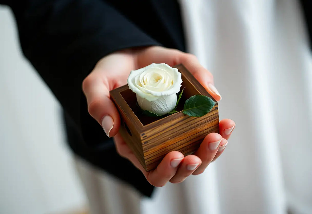 Une main féminine tient un petit coffret en bois contenant une rose blanche, symbolisant le don d'ovocytes.
