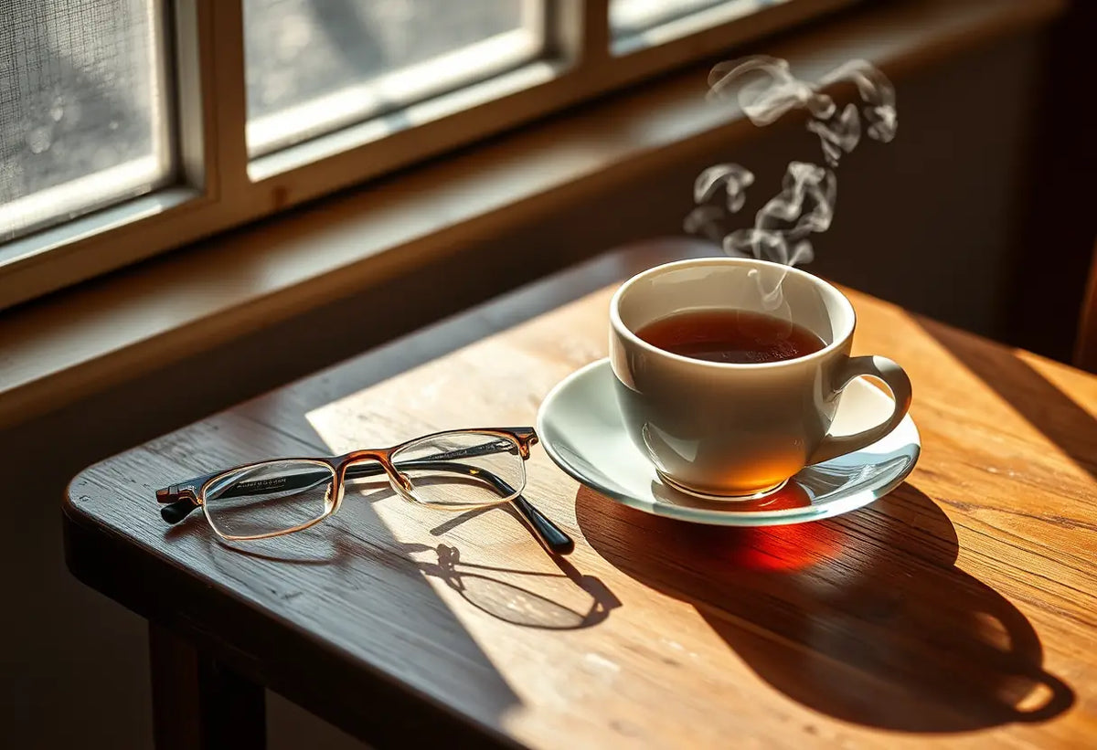 Un verre posé près d'une tasse de thé fumant sur une petite table en bois