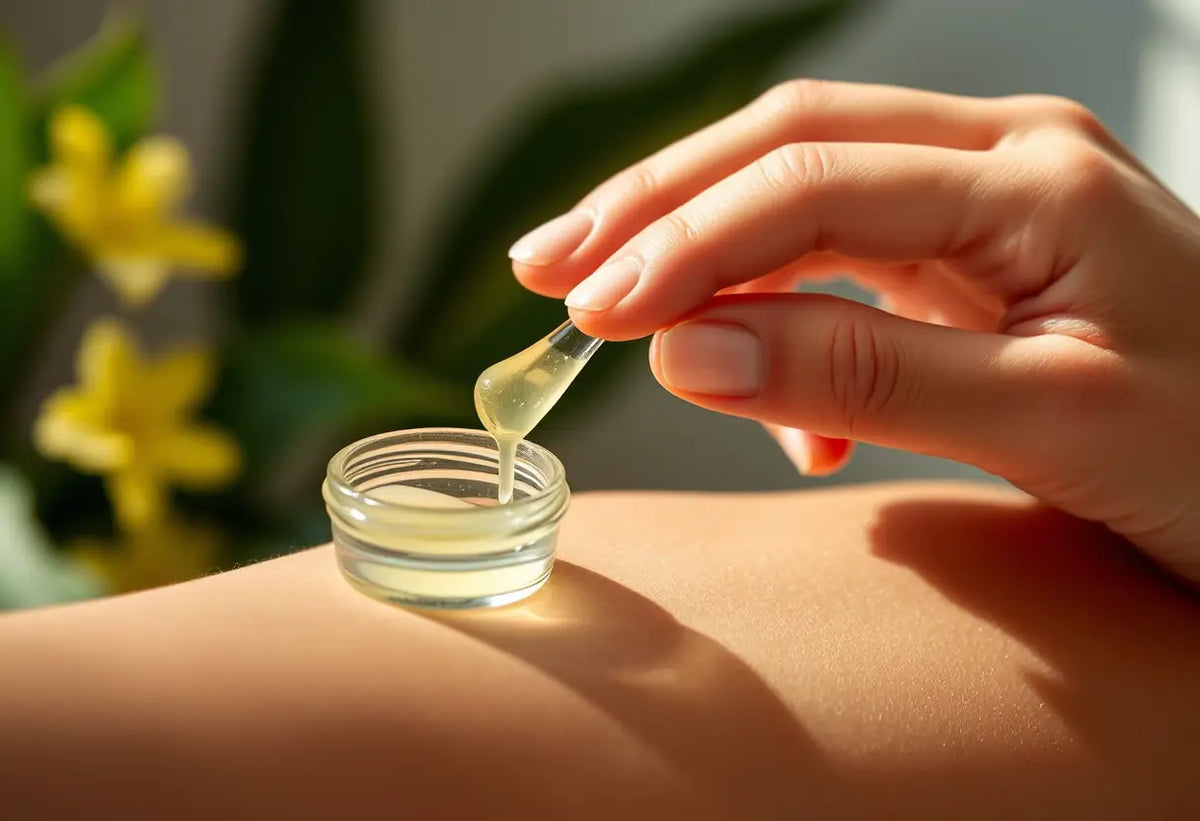 Un plan rapproché d'une main appliquant du gel à partir d'un petit récipient en verre sur la peau, la lumière soulignant l'essence de l'ylang-ylang, intimité et sensualité