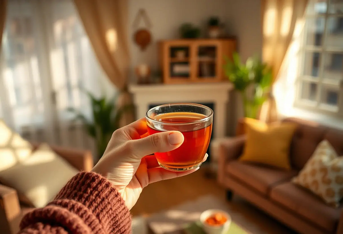 Une main tenant une tasse de thé chaud dans un salon accueillant, endométriose et fertilité