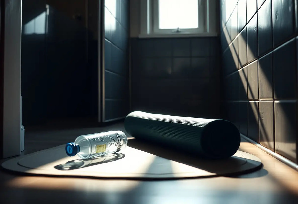 Un plancher de salle de bain avec une serviette roulée et une bouteille d'eau