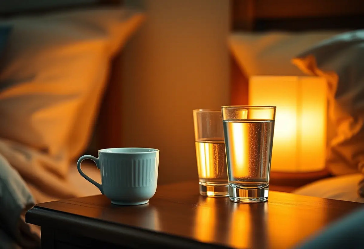 tasse en porcelaine et verre d'eau sur chevet