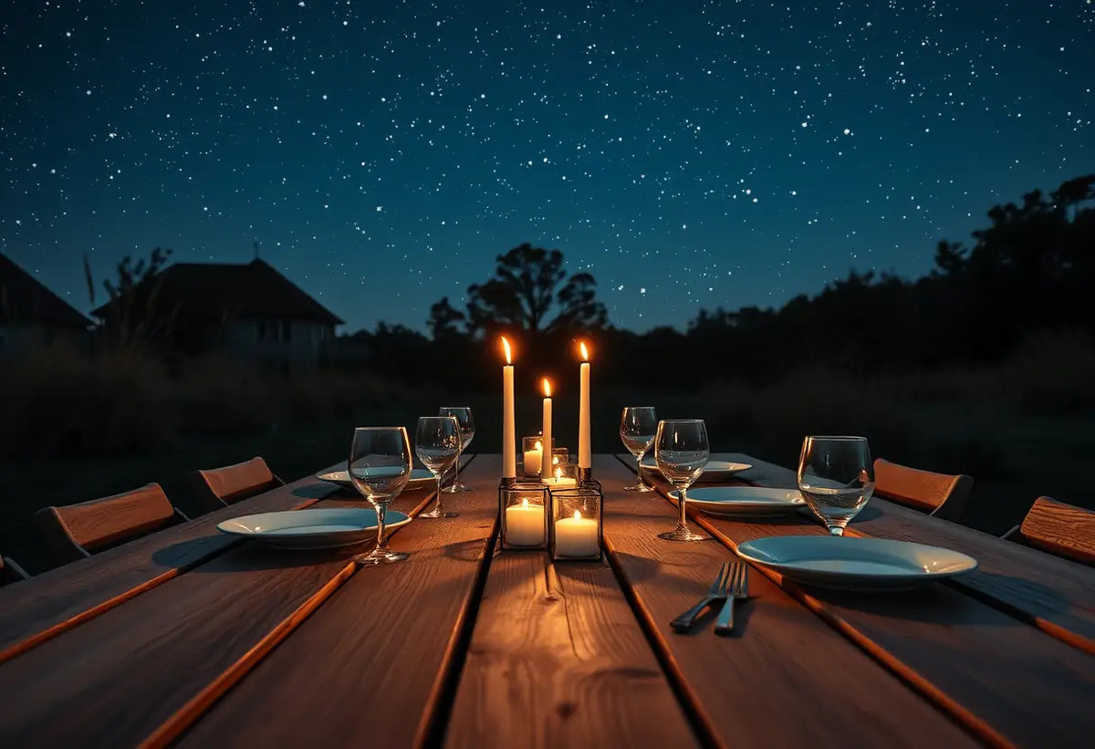 Table de bois sous les étoiles pour un premier rendez-vous