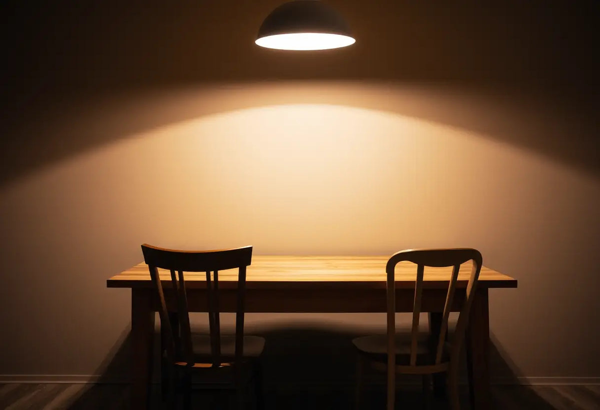 Un grand table de cuisine sous lumière douce, avec deux chaises face à face