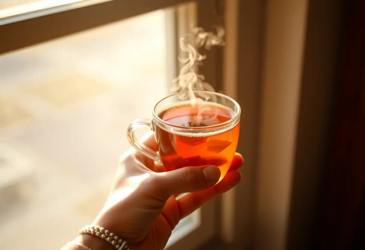 Une main tenant une tasse de thé chaud, lumière naturelle