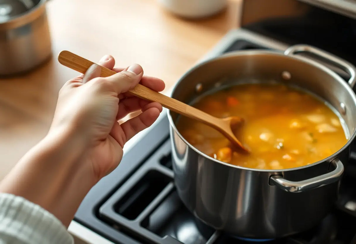 Une main tenant une cuillère de bois dans une cuisine, préparant un bouillon réconfortant.