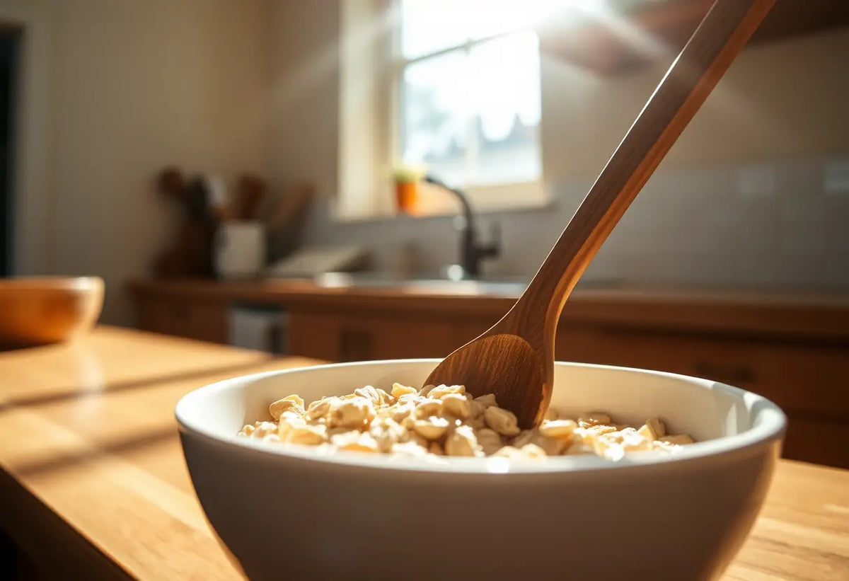 Une cuillère en bois mélange des flocons d'avoine sur une cuisinière, la lumière naturelle joue avec les ombres