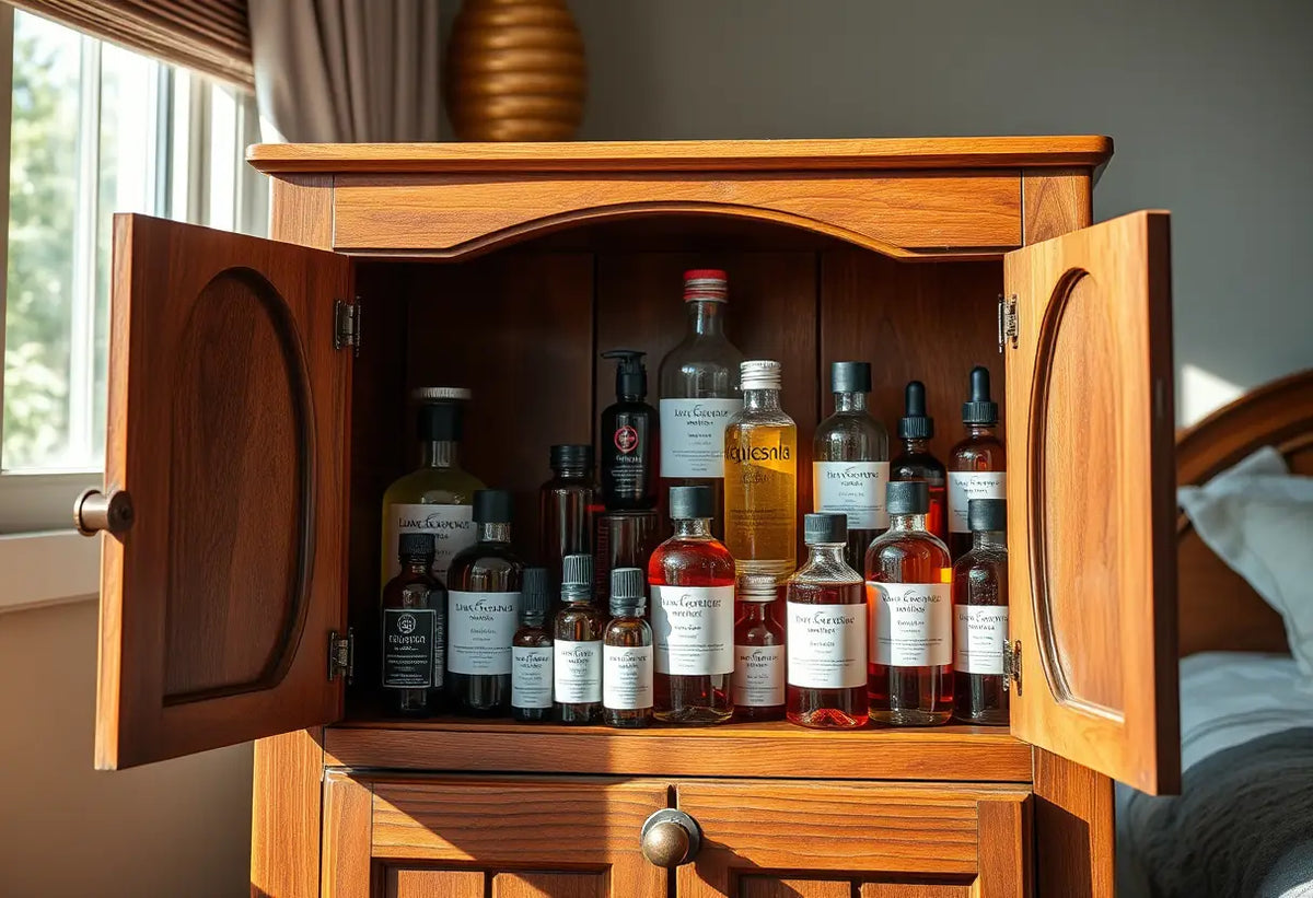Un meuble avec des bouteilles d'huiles essentielles dans une chambre pour favoriser la sensualité.