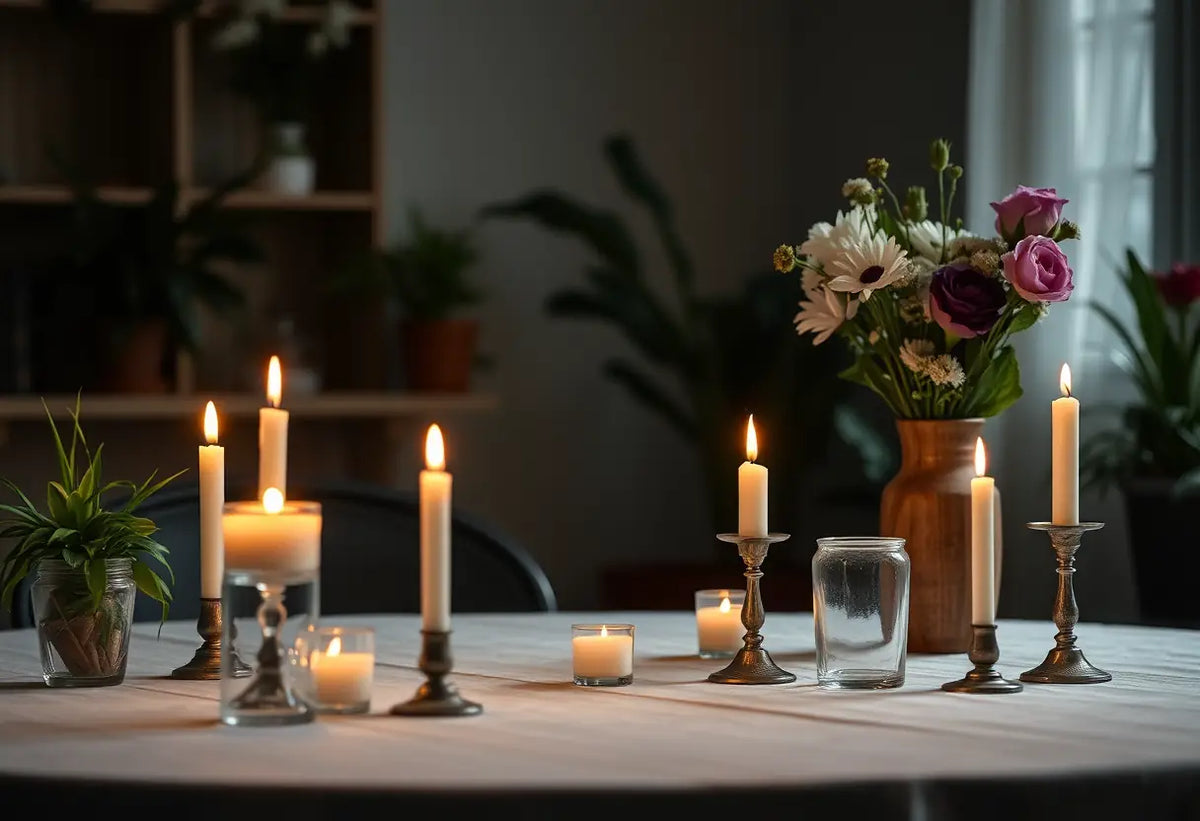 Un couvert romantique avec bougies dans une pièce sombre, éclairé par la lumière douce des plantes vertes