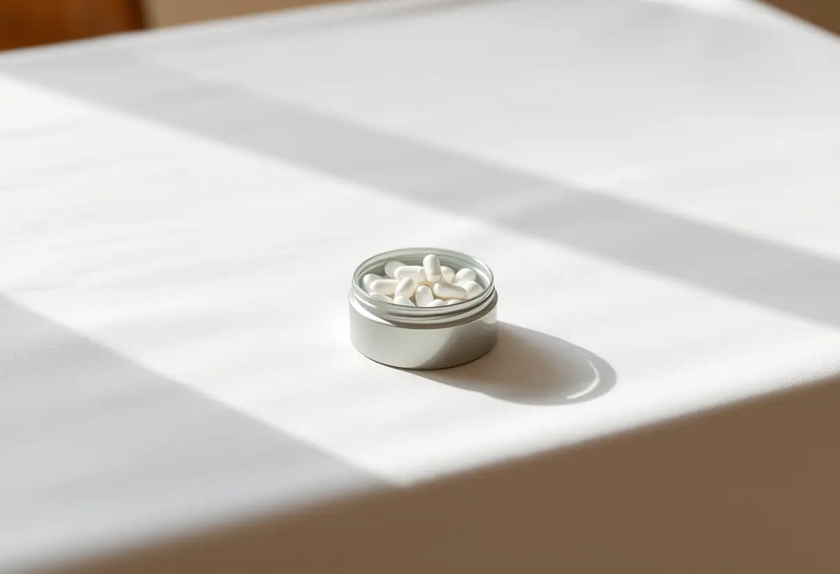 Un petit conteneur métallique rond posé sur une table