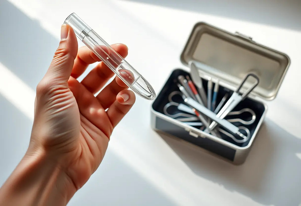 Main photo : main tenant un tube contenant un gel transparent, sujet de l'article sur l'implant contraceptif