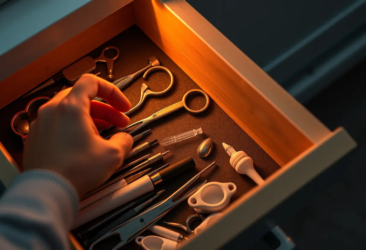 Une main cherche dans un tiroir un tube ressemblant à un implant contraceptif
