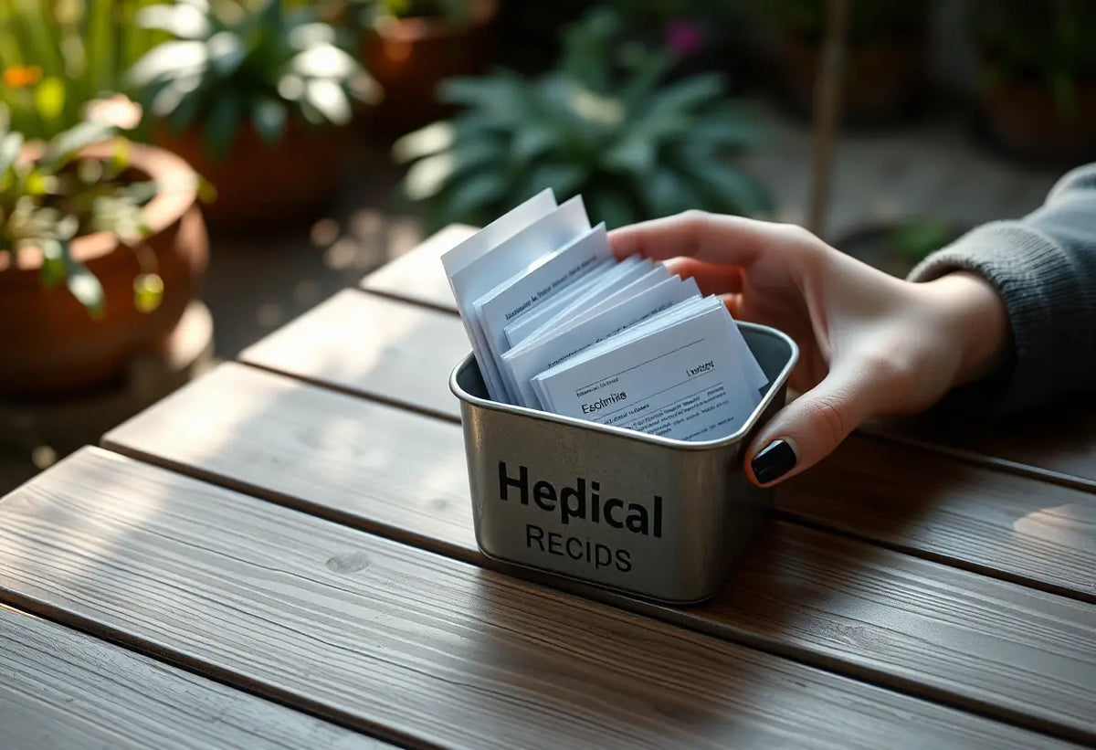 Main de femme tenant un petit contenant métallique avec des documents médicaux, dans un jardin