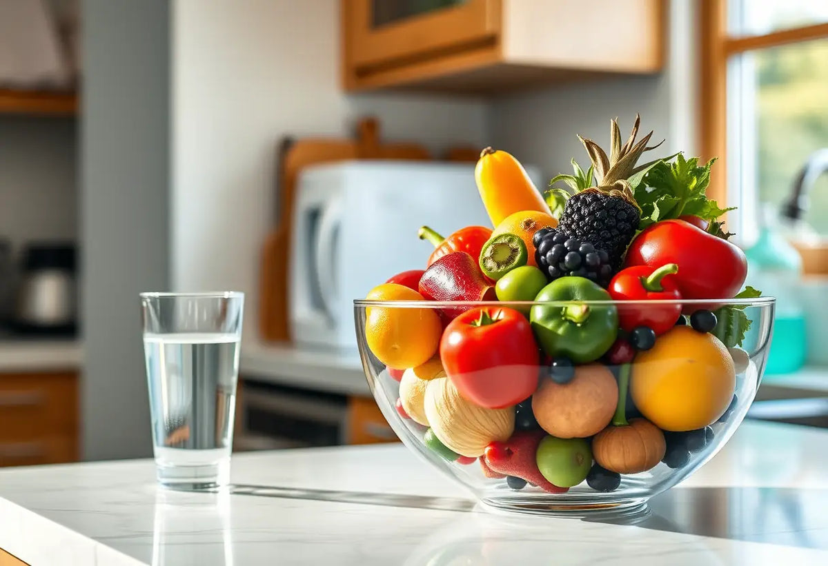 Compteurs de cuisine avec légumes et fruits pour une alimentation saine