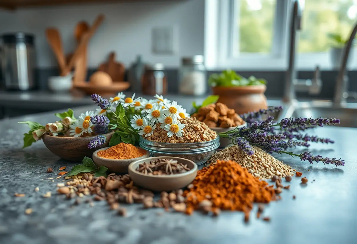 Un plan de travail de cuisine garni d'herbes aromatiques et de plantes apaisantes pour soulager les inconforts liés aux implants contraceptifs