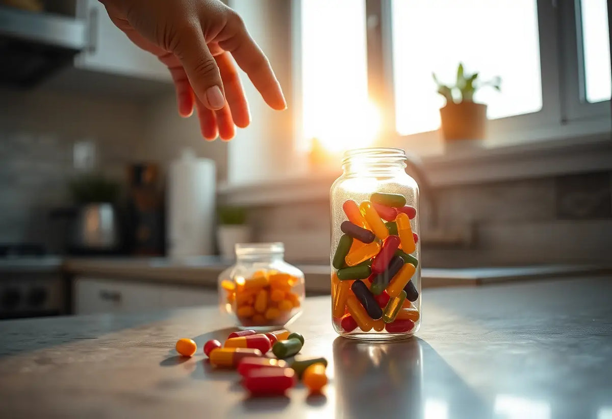 Une main tendue vers une bouteille de vitamines sur un plan de travail de cuisine, éclairée par le soleil matinal.