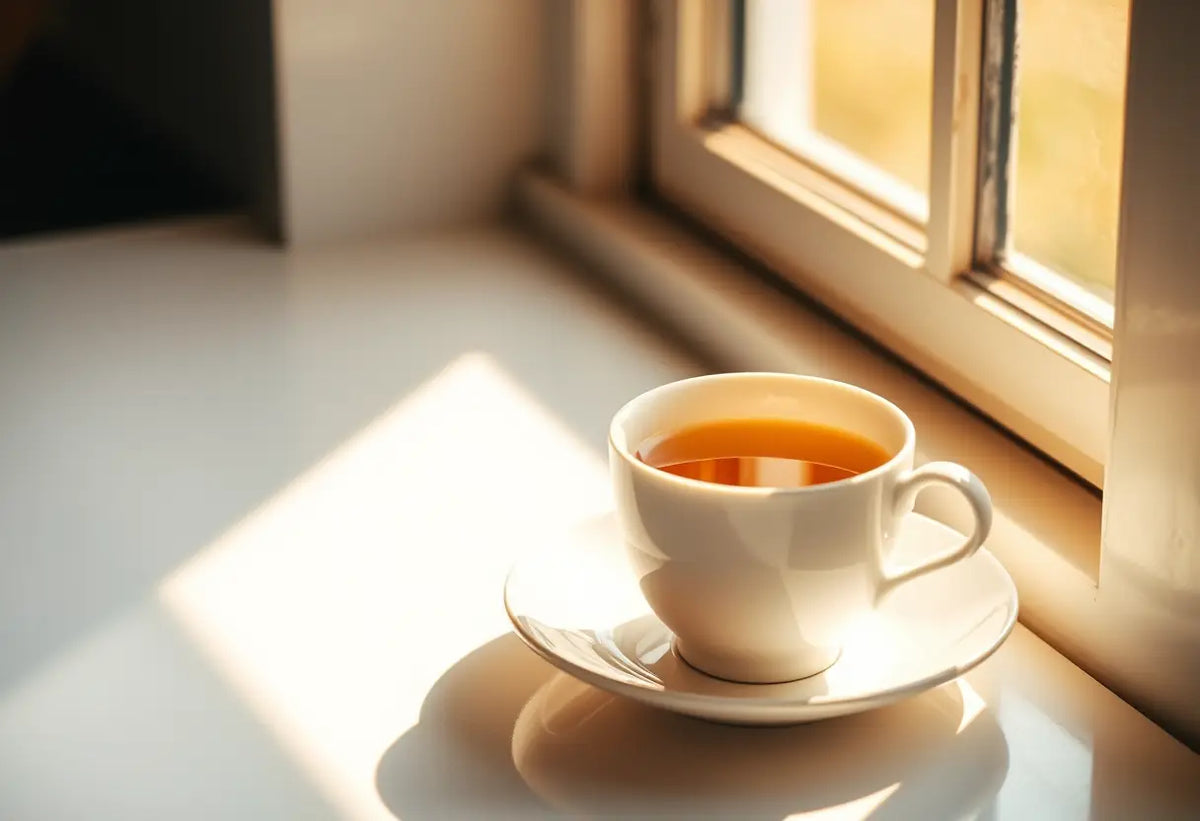 Tasse de porcelaine pleine de thé près d'une fenêtre, symbolisant l'espoir et l'attente