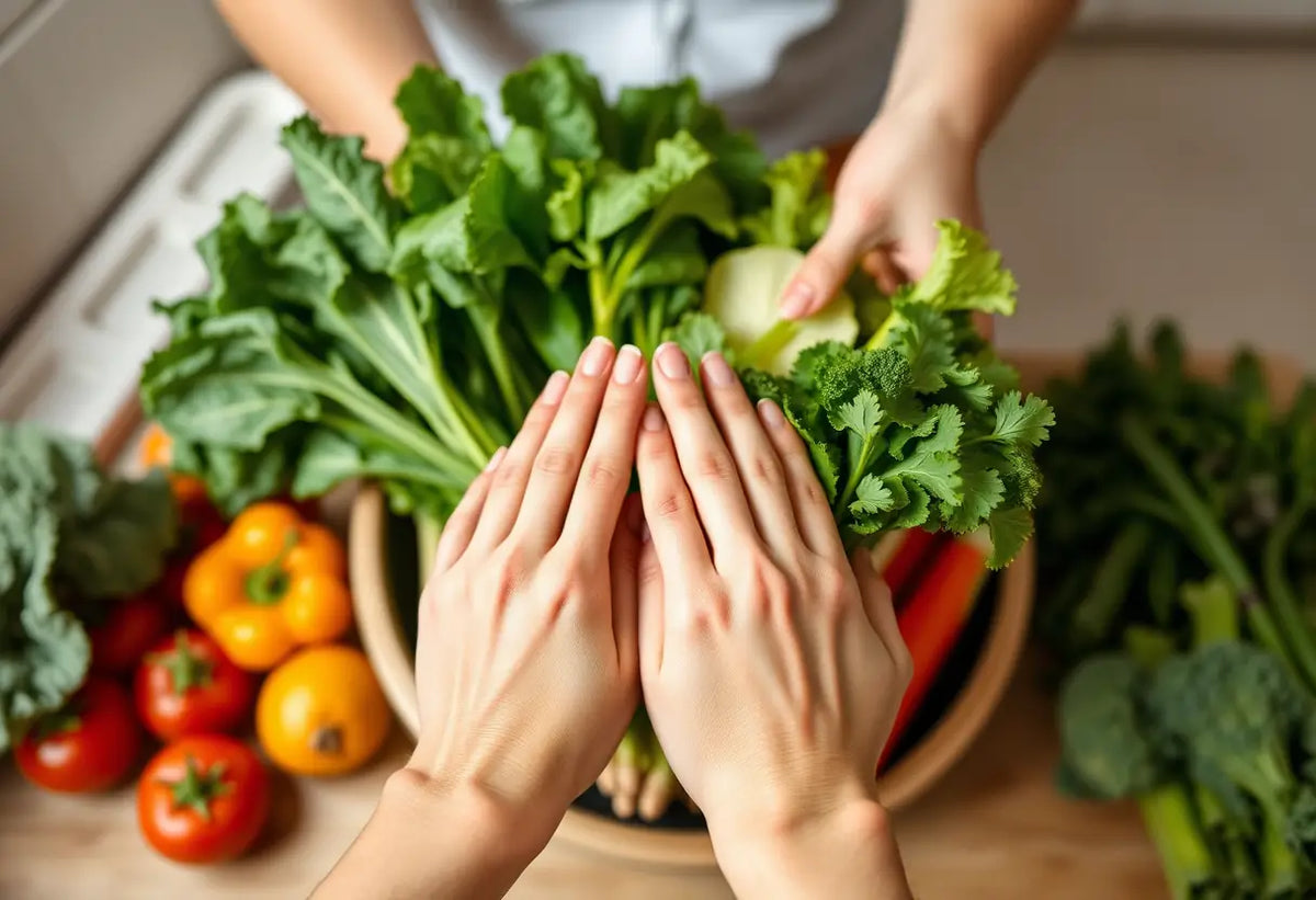 Des mains disposant des légumes frais dans une cuisine, symbolisant une alimentation saine pour soutenir les traitements de procréation assistée.