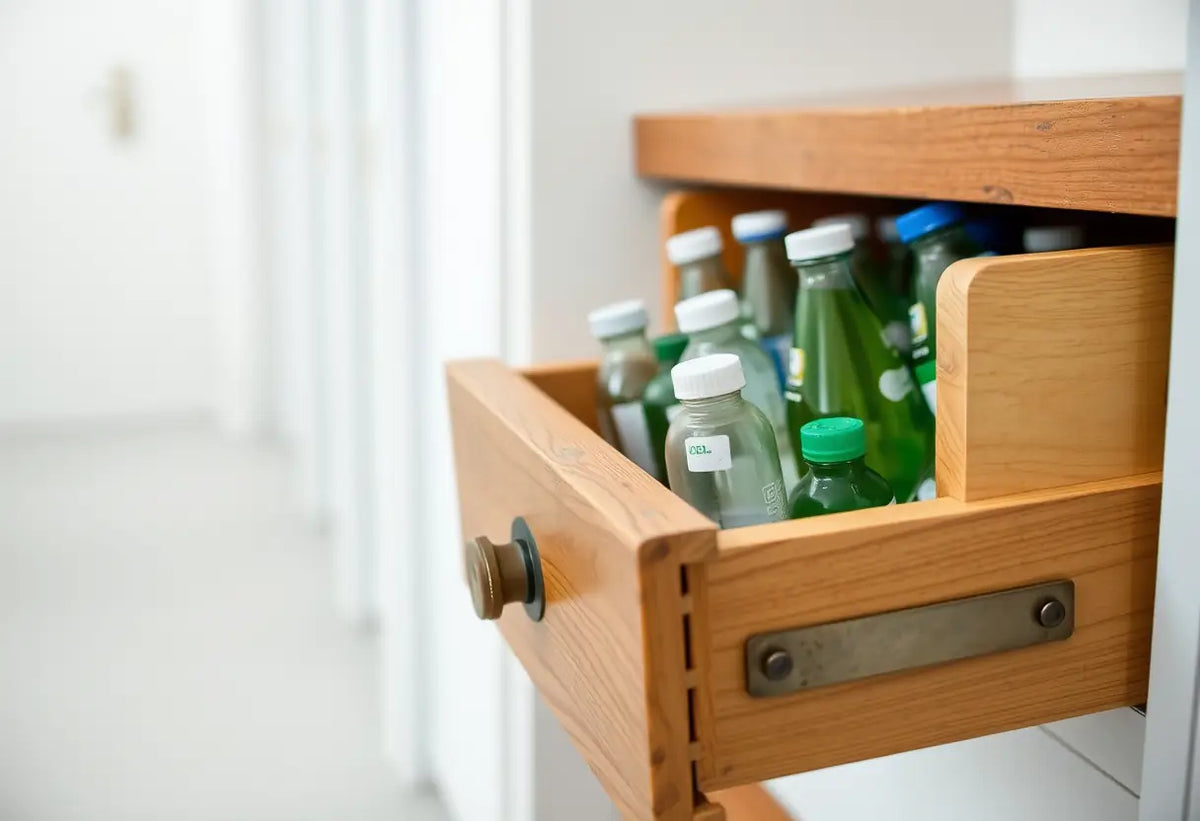 Un tiroir en bois fermé à clef contenant des bouteilles plastiques, sujet contraception d'urgence