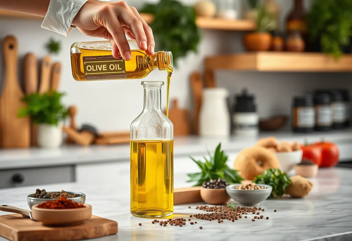 Une main verse de l'huile d'olive dans une bouteille, une crédence remplie d'épices et d'herbes