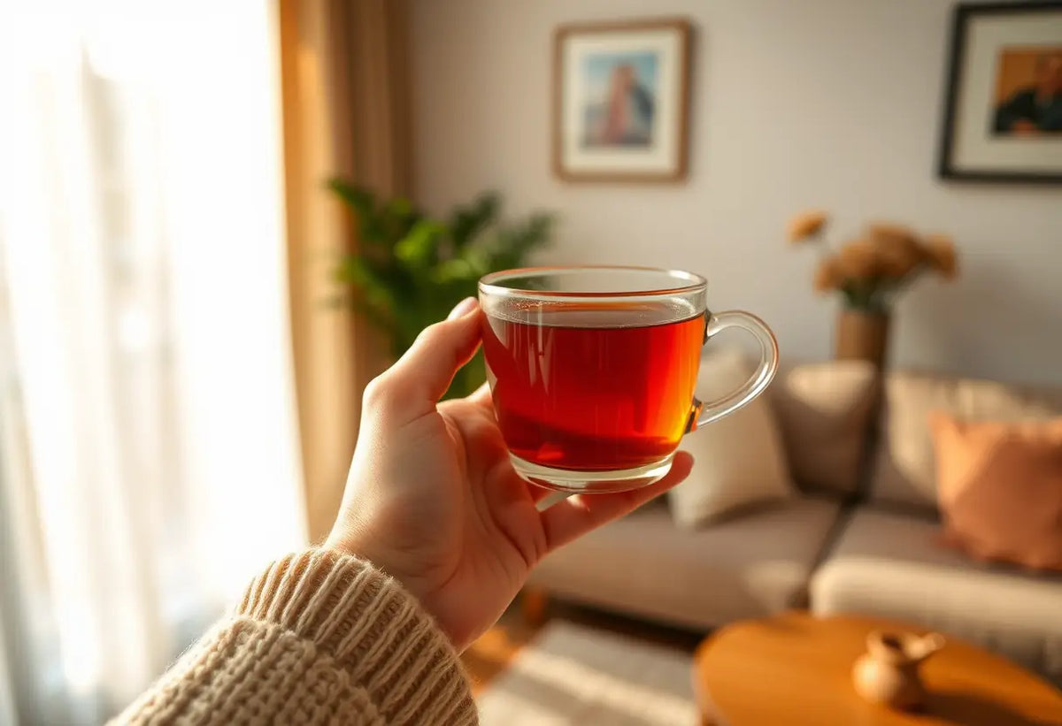 Une main tenant une tasse de thé dans une pièce accueillante, Boutique du Plaisir