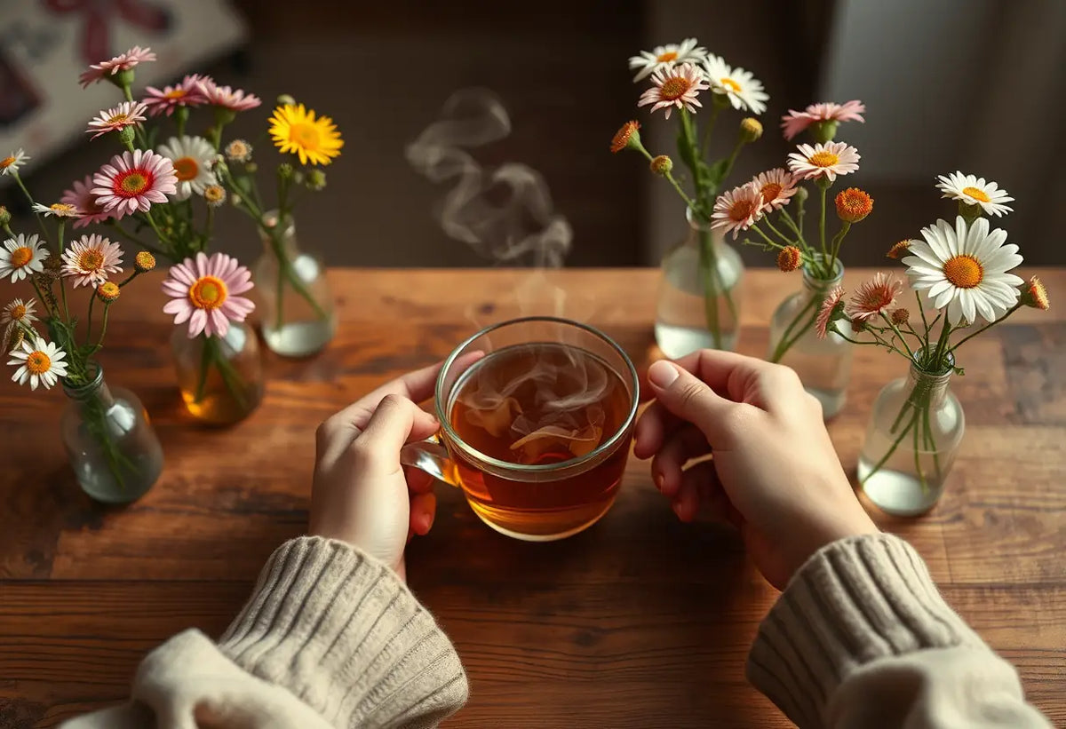 Des mains tenant une tasse de thé herbeux fumant posées sur une table basse en bois entourées de petits vases remplis de fleurs fraîches