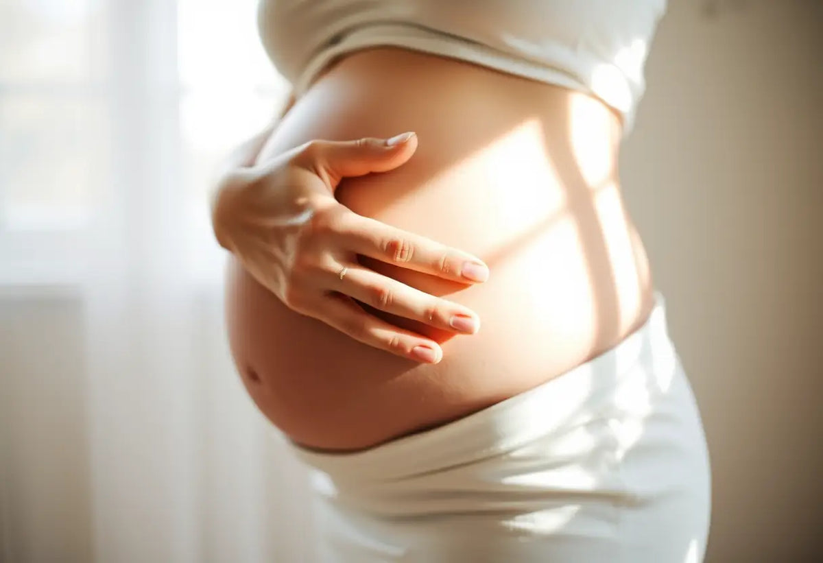 Une main féminine caresse délicatement son ventre arrondi pendant la grossesse.