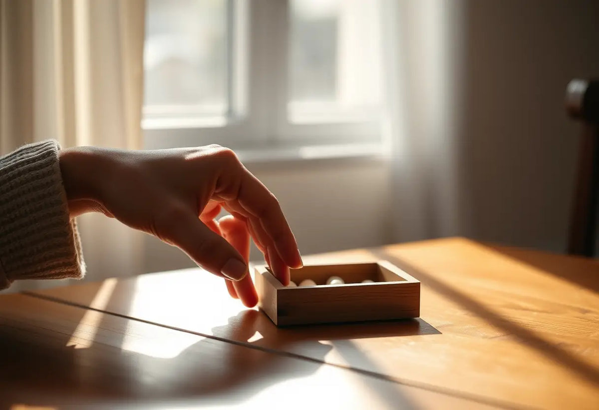 Main de femme tenant une petite boîte en bois avec des comprimés