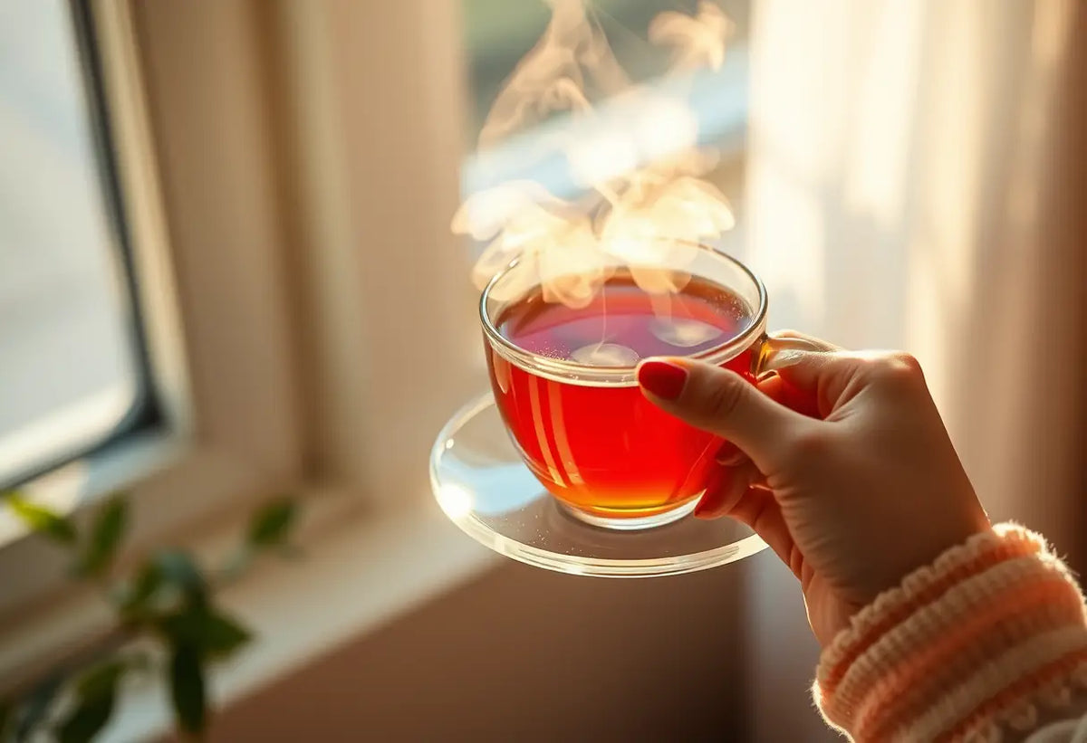 Une main tenant une tasse de thé chaud dans une pièce baignée de lumière naturelle
