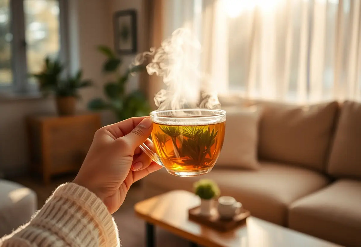 Une main tenant une tasse de thé chaud dans un salon accueillant