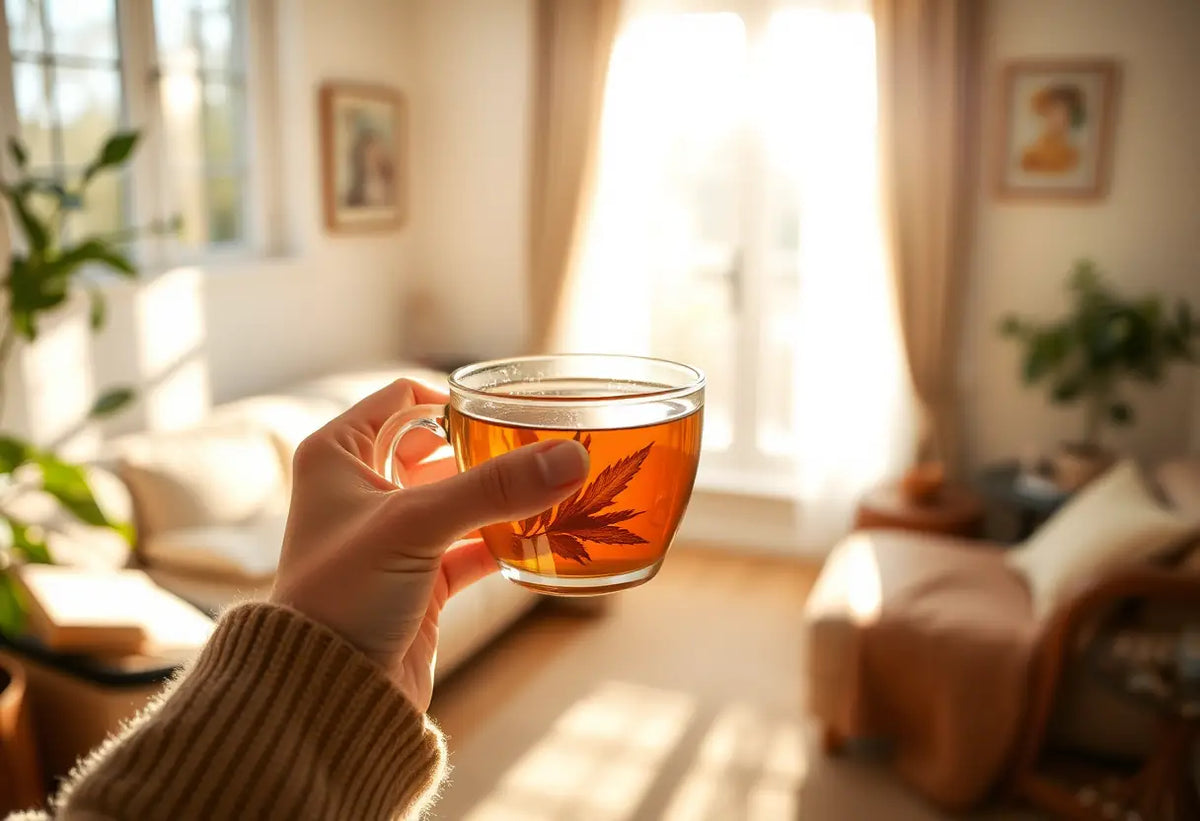 Une main tenant une tasse de thé dans un salon accueillant, évoquant chaleur et confort