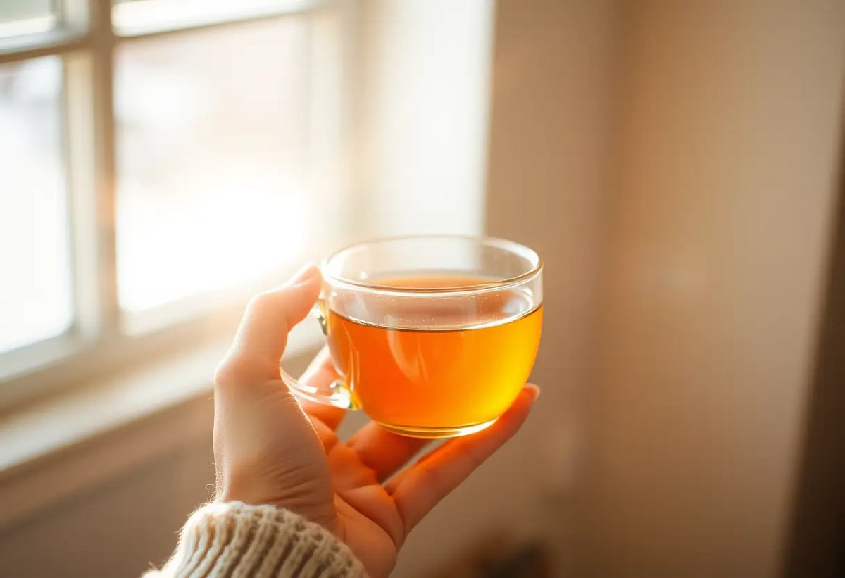 Une main tenant une tasse de thé, lumière douce et chaleureuse